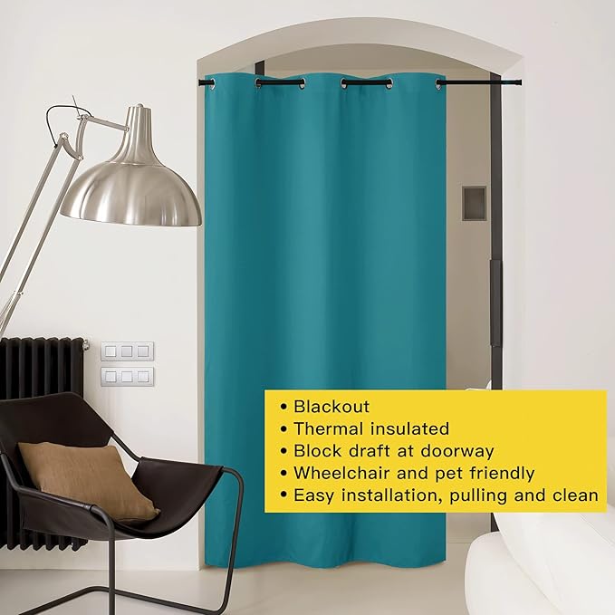 NICETOWN Sound Barrier Door Curtain, Laundry Room Divider for Office, Vintage and Sliding Room, Room Dividers Ideas for Loft, Dorm, Hotel, Living Room (Peacock Blue, 1 Pack, 8ft Tall x 5ft Wide)