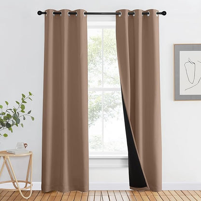 NICETOWN 100% Blackout Curtains Thermal, Noise Reduction and Privacy Curtains for Patio Door, Black Lined Blackout Drapes with Grommet Top, Cappuccino, 1 Pair, W37 x L80