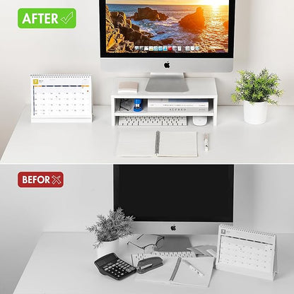 BEYGORM White Monitor Stand Riser for Desk,2 Tiers Wood Desk Shelf Computer Screen Stand with Storage for Desktop Laptop/Screen/TV/PC/Printer,Multifunctional Desktop Organizer 16.5 x 7.8 x 5.2 inch