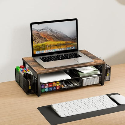 gianotter Monitor Stand Riser, Desk Organizer with Drawer and Pen Holder, 2-Tier Computer Stand, Office Desk Accessories, Office Organization(Wood)