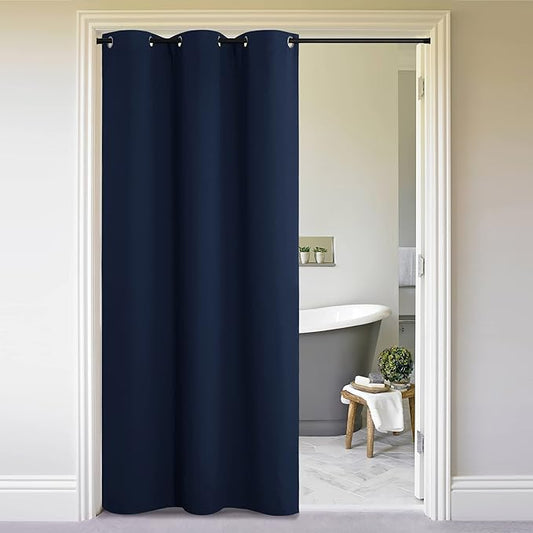 NICETOWN Faux Folding Accordion Doors, Front Door Curtains, Privacy Blackout Cloth Fabric, Living Room Bedroom Divider/Sliding Patio Decor Decoration (1 PCs, 9ft Tall x 5ft Wide, Silver Navy)