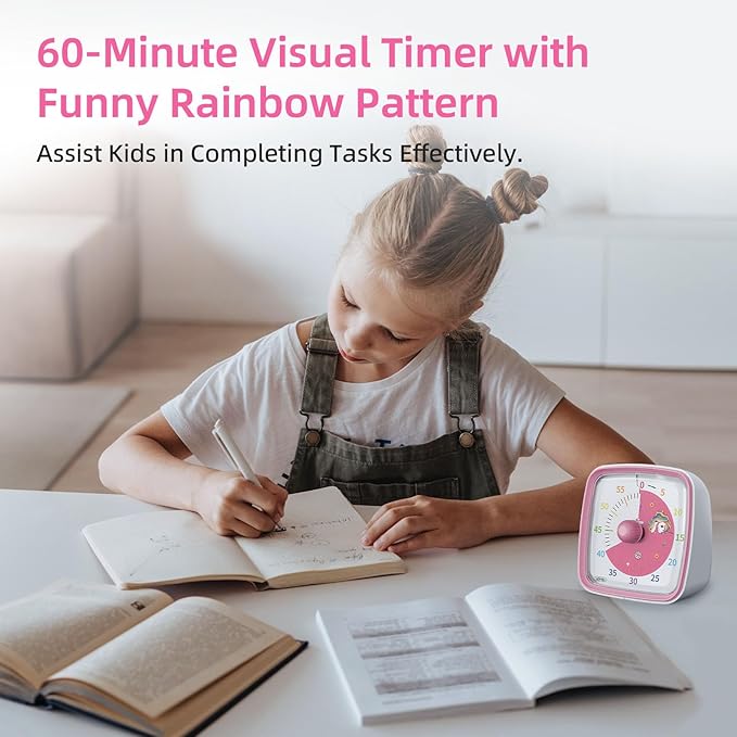 Yunbaoit Visual Timer with Night Light, 60-Minute Countdown Timer for Kids and Adults, Silent Classroom Timer, Pomodoro Timer with Unicorn Pattern for Home, School, Kitchen, or Office (Pink)