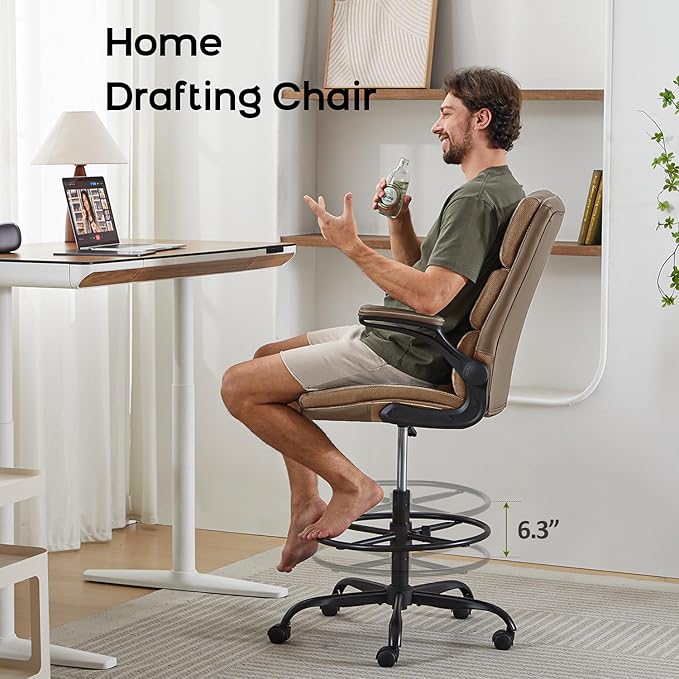 Drafting Chair Tall Office Chair with Padded Flip-up Armrests Executive Ergonomic Computer Standing Desk Chair with Comfortable Leather Backrest and Adjustable Footrest Ring (Tan)