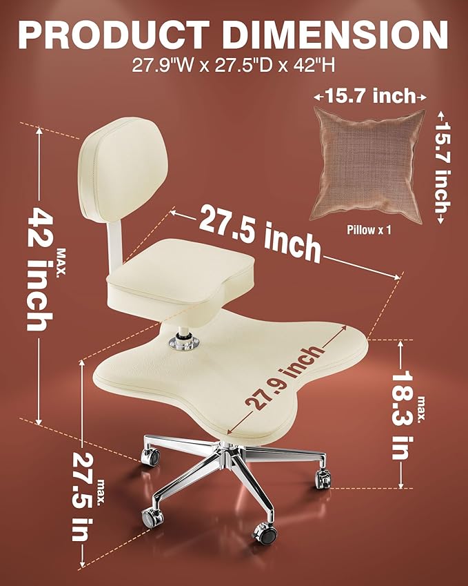 PYY Meditation Chair with Back Support - Cross Legged Office Chairs with Wheels, ADHD Chair for Fidget Adults, Criss Cross Desk Kneeling Chair for Home Yoga, Adjuatable Height, Lumbar Support, White