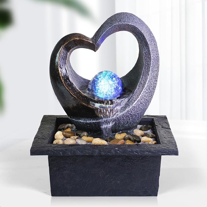 Ferrisland Water Garden Zen Fountain with LED Light, Fountain Fengshui Indoor Decoration – Zen Meditation Waterfall W/Submersible Pump