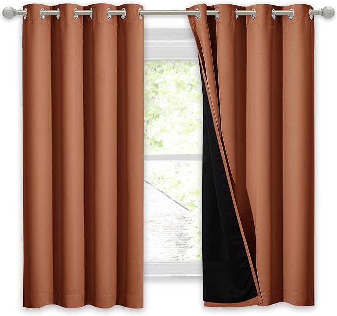 NICETOWN Burnt Orange 100% Blackout Lined Curtain, 2 Thick Layers Completely Blackout Window Treatment Thermal Insulated Drape for Kitchen/Bedroom (1 PC, 52 inches Width x 63 inches Length Each Panel)