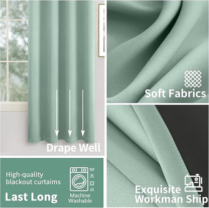 Green Blackout Curtains for Bedroom 63 Inch Long, Thermal Insulated Full Room Darkening Soundproof Sun Blocking Grommet Bedroom Window Curtains, Each 42 Inch Wide, Frosty Green