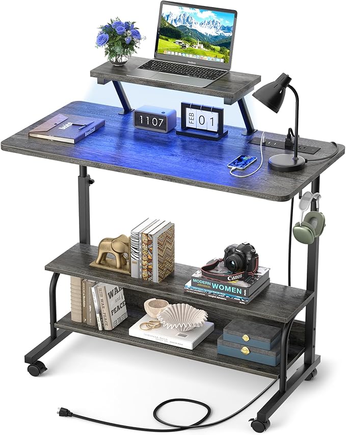 Height Adjustable Standing Desk with Power Outlets and LED Lights - 32" Manual Stand Up Desk with Monitor Stand and Storage Shelves Small Mobile Rolling Computer Desk Portable Laptop Table, Grey Oak