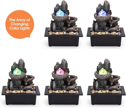 Tabletop Fountain Rotating Ball Rock Waterfall Fountain Office Tabletop Fountains for Home Office Decor Includes Many Natural River Rocks Decorated with Colorful Lights and Rolling Ball