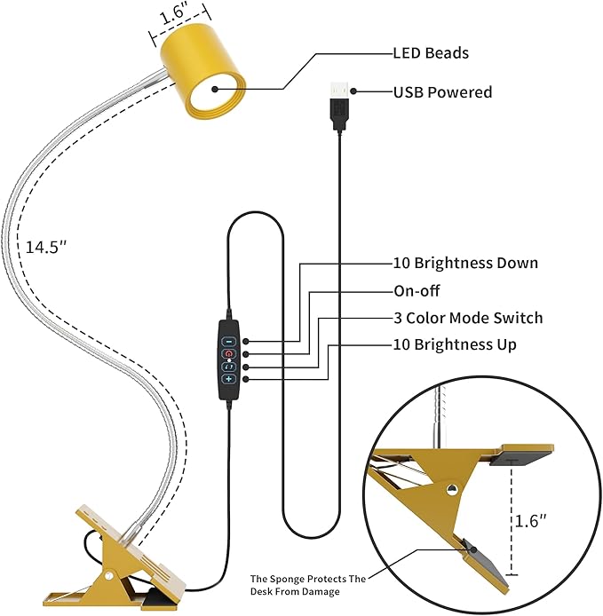 Dott Arts Desk Lamp,USB Clip On Light with 3 Color Modes,LED 10 Levels Brightness Reading Lamp, 360° Gooseneck Book Light,Eye-Care Reading Light for Home Office,Headboards Gold