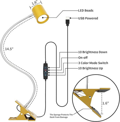 Dott Arts Desk Lamp,USB Clip On Light with 3 Color Modes,LED 10 Levels Brightness Reading Lamp, 360° Gooseneck Book Light,Eye-Care Reading Light for Home Office,Headboards Gold