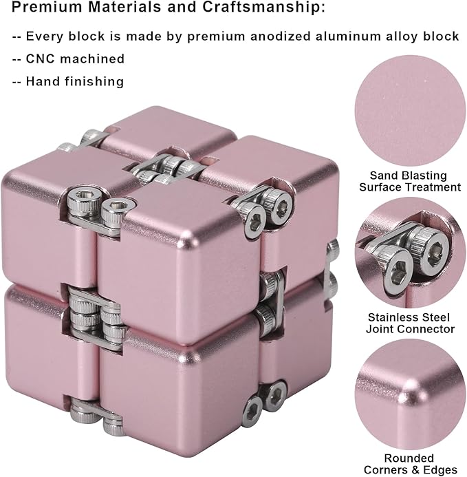 New Version Aluminum Alloy Metal Infinity Cube Fidget Cube Handheld Fidget Toy Desk Toy with Cool Case Infinity Magic Cube Relieve Stress Anxiety ADD ADHD OCD for Kids and Adults (Pink)