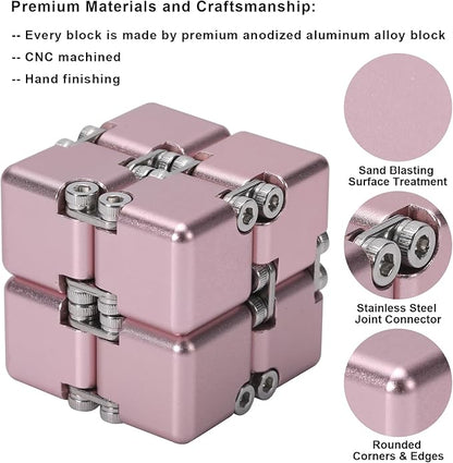 New Version Aluminum Alloy Metal Infinity Cube Fidget Cube Handheld Fidget Toy Desk Toy with Cool Case Infinity Magic Cube Relieve Stress Anxiety ADD ADHD OCD for Kids and Adults (Pink)