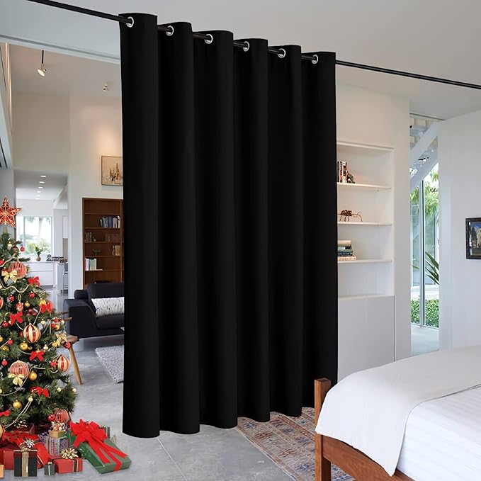 RYB HOME Room Divider Curtain - Privacy Grommet Curtain Panel Portable Window Screen Sliding Partition for Bedroom Dining Iving Room Studio Family Room Office,120 inch Width x 96 inch Length, Black