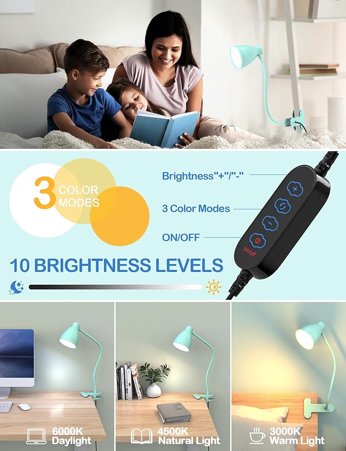 BOHON Desk Lamp with Clamp, 10W 38 LED Clip on Light, 3 Color 10 Brightness Auto Off Timer, Flexible Gooseneck Clip Lamp, Desk Lights for Office Home Bed Bedside Reading, Adapter Include, Teal