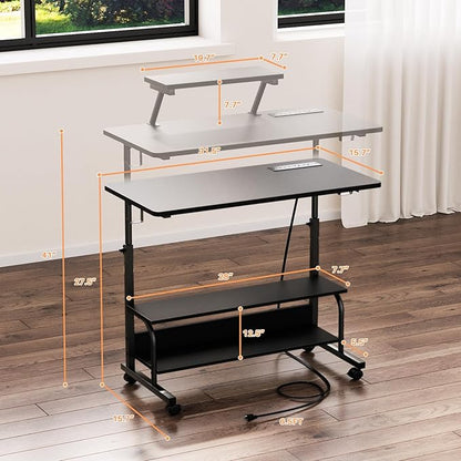 Height Adjustable Standing Desk with Power Outlets and LED Lights - 32" Manual Stand Up Desk with Monitor Stand and Storage Shelves Small Mobile Rolling Computer Desk Portable Laptop Table, Black