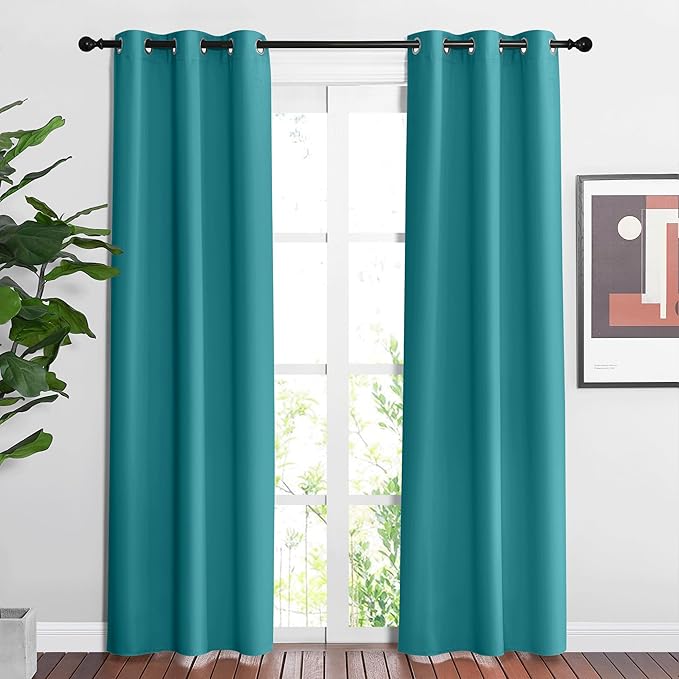 NICETOWN Blackout Peacock Teal Curtains for Living Room - Thermal Insulated Room Darkening Window Treatments Sound Reducing Solid Grommet for Bedroom/Home Office (2 Panels, W37 x L84)