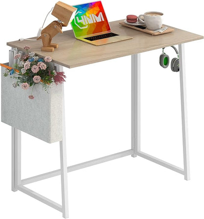 4NM 31.5" Small Desk with Storage Bag, Simple Assembly Folding Computer Desk Home Office Desk Study Writing Table for Small Space Offices - Natural and White