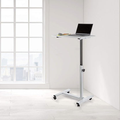 Seville Classics Solid-Top Height Adjustable Mobile Laptop Computer Desk Cart Ergonomic Home Office Stand Rolling Table, Overbed (23.6"), White