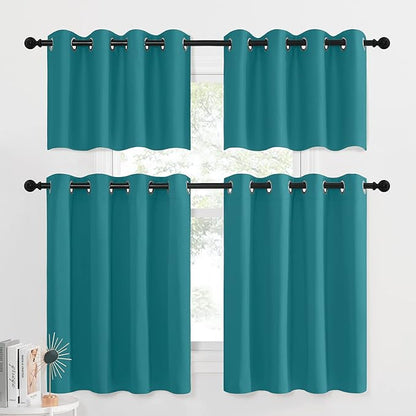 NICETOWN Cafe Curtains 36 Inch Length, Kitchen Window Curtains Over Sink, Set 2 Pack Privacy Thermal Insulated Short Curtain for Bathroom Basement Small Windows Cover, Peacock Teal, 52" Wide