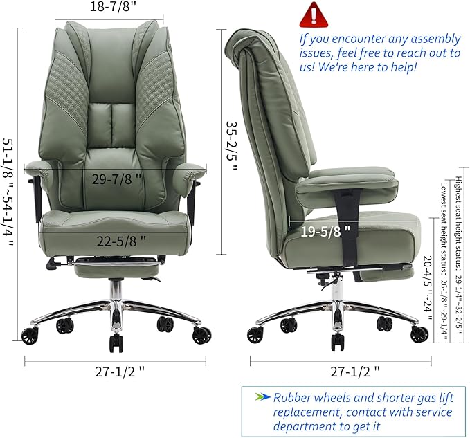 Big and Tall Office Chair 400lbs Wide Seat, Leather High Back Executive Office Chair with Foot Rest, Ergonomic Office Chair Lumbar Support for Lower Back Pain Relief (Light Green)