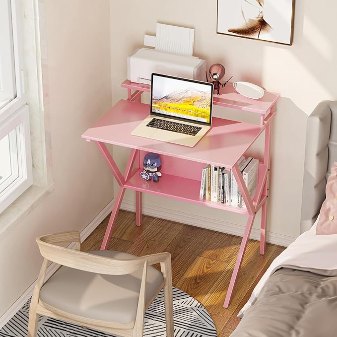 ODK Small Desk, 27.5 Inch Small Computer Desk for Small Spaces, Compact Desk with Storage, Tiny Desk Study Desk with Monitor Stand for Home Office, Pink