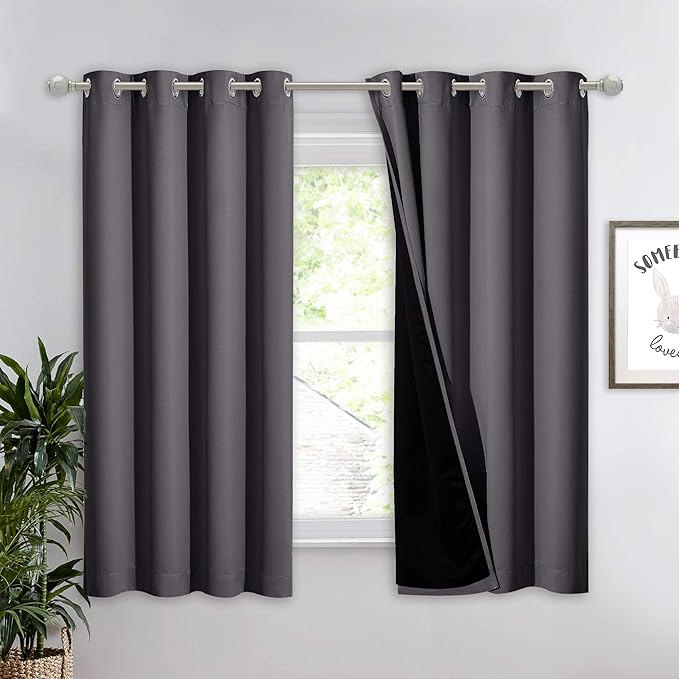 NICETOWN 100% Blackout Curtain with Black Liner, Thermal Insulated Full Blackout 2-Layer Lined Drape, Energy Efficiency Window Drapery for Bedroom (Grey, 1 Panel, 52-inch W by 63-inch L)