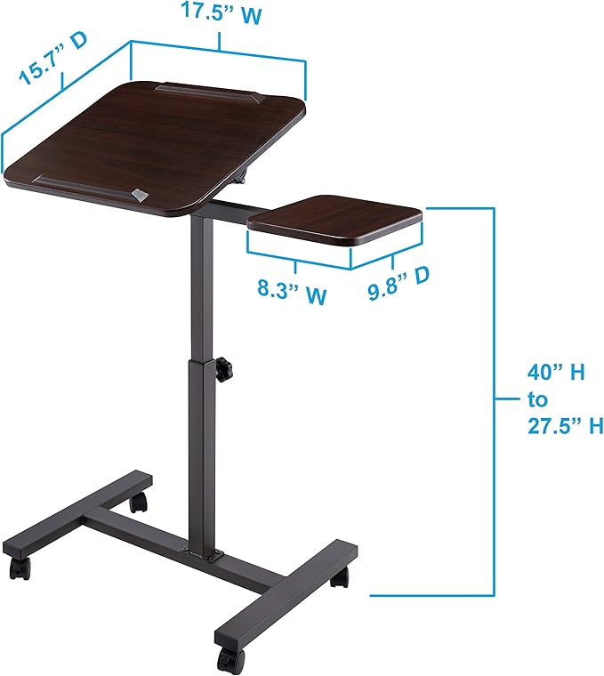 Seville Classics Airlift Height Adjustable Mobile Rolling Laptop Cart Computer Workstation Desk Home, Office, Classroom, Hospital, w/Wheels, Tilt w/Side Table (28") (New Model), Walnut