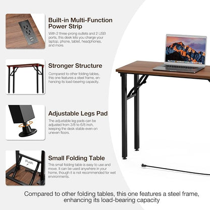 TEMI Small Computer Desk Folding Table - No Assembly, Compact 35.8" Foldable Desk with Power Outlets & USB Charging Port, Portable Small Office Desk, Ideal Mini Study Table for Small Spaces Walunt