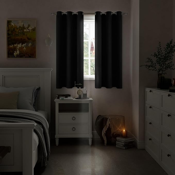 Black Blackout Curtains for Bedroom 63 Inch Length 2 Panels, Dark Bedroom Curtains Thermal Insulated 100% Room Darkening Light Blocking Soundproof Grommet Window Curtains, Each 42 Inch Wide