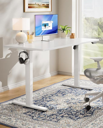 HUANUO Electric Standing Desk, 60" x 24" Whole Piece Desktop, Adjustable Height Computer Desk, 4 Height Memory Settings, Sit Stand Up Desk for Home Office, White