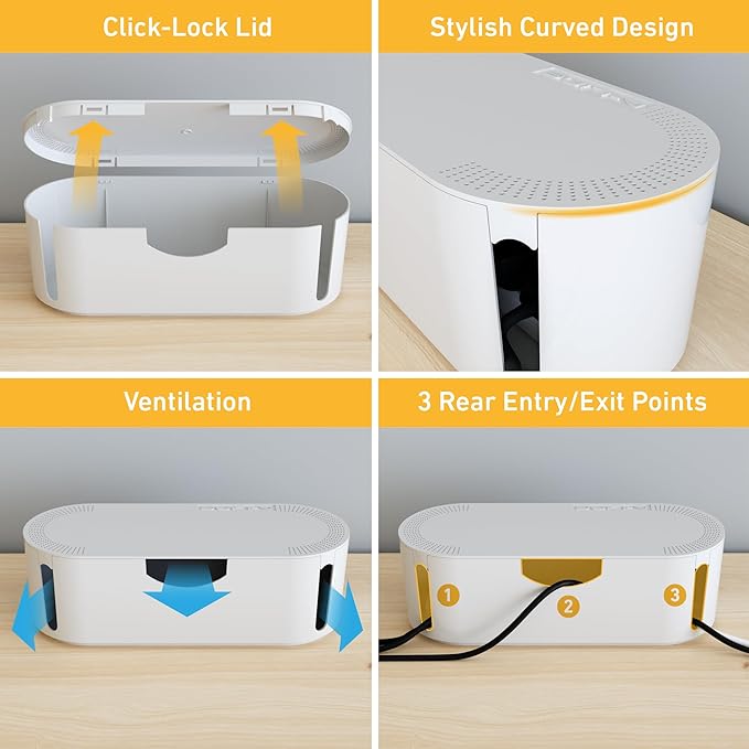 D-Line Cable Management Box, Power Strip Holder, Floor Outlet Hider, Desk Cord Organizer, Cover TV Wires, 12.75" (L) x 5" (W) x 4.5" (H), for use with Power Strips up to 10.5in Length - Small, White