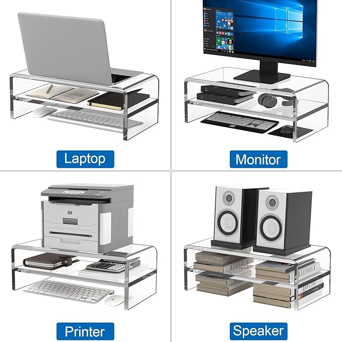 Clear Acrylic Monitor Stand Riser 2 Tier, 5.12 Inches High Clear Computer Desk Organizer Shelf for Multi Media PC Storage Laptop