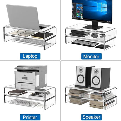 Clear Acrylic Monitor Stand Riser 2 Tier, 5.12 Inches High Clear Computer Desk Organizer Shelf for Multi Media PC Storage Laptop