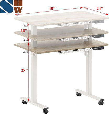 SHW Electric Height Adjustable Mobile Rolling Standing Desk Workstation, 40 x 24 Inches, Maple