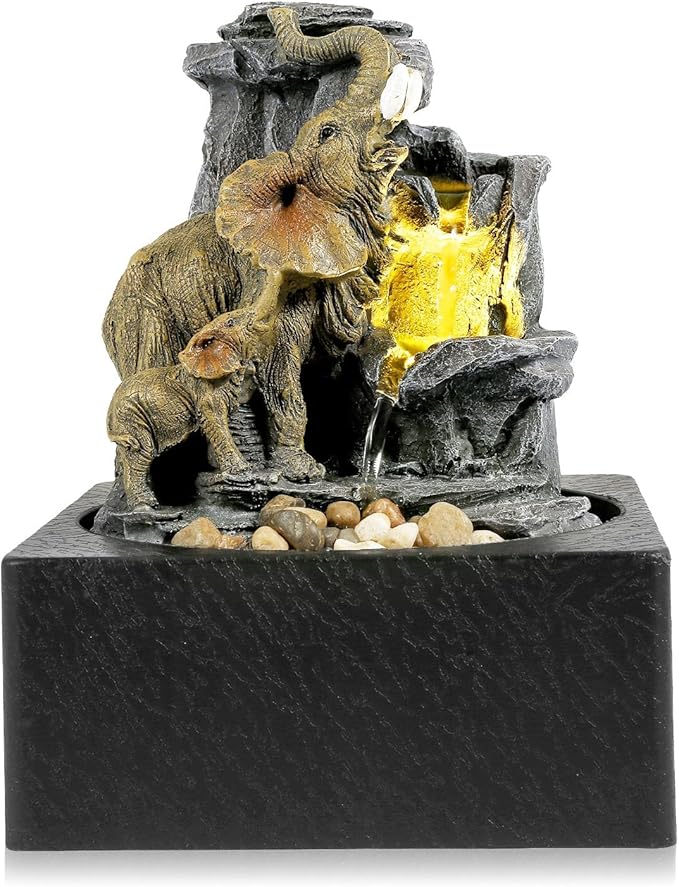 BEAMNOVA Tabletop Fountain,3 Tiered Elephant & Baby Elephant Indoor Fountains,with LED Light Water Feature for Home Office Décor