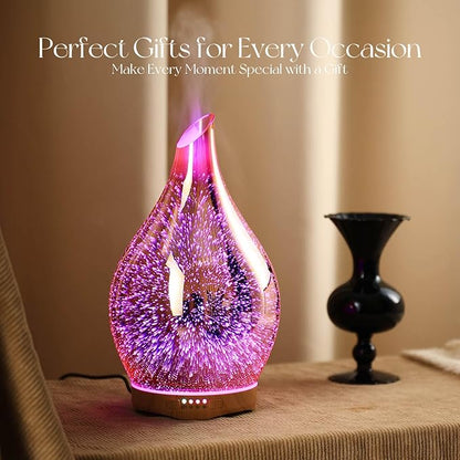 Porseme 280ml Essential Oil Diffuser, 3D Glass Aromatherapy Diffusor, Ultrasonic Cool Mist BPA Free Aroma Humidifier with Timer and Color Changing Function, Waterless Shut-Off for Home Office Room