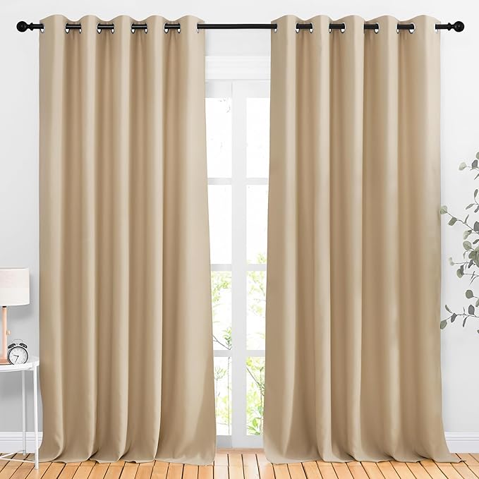 NICETOWN Room Darkening Curtains for Room Divider, Grommet Thermal Curtains Light & Sound Reducing Window Treatments for Sliding Glass Door, W66 x L110, Biscotti Beige, 2 Panels