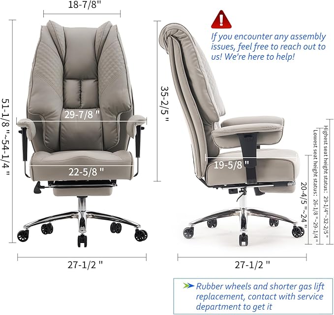 Big and Tall Office Chair 400lbs Wide Seat, Leather High Back Executive Office Chair with Foot Rest, Ergonomic Office Chair Lumbar Support for Lower Back Pain Relief (Light Grey)