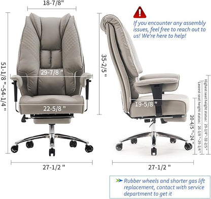 Big and Tall Office Chair 400lbs Wide Seat, Leather High Back Executive Office Chair with Foot Rest, Ergonomic Office Chair Lumbar Support for Lower Back Pain Relief (Light Grey)