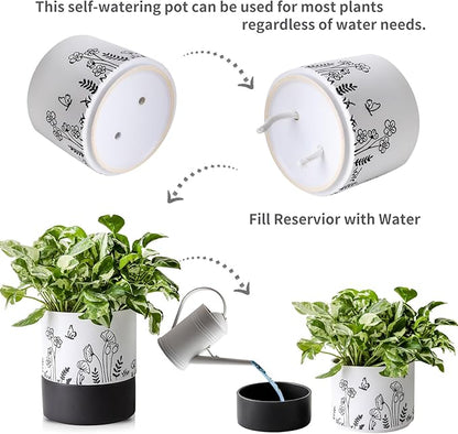 Nihow Self Watering Plant Pot: 6 Inch Ceramic Planter with Drainage Hole & Water Storage Plus for Indoor & Outdoor Plants - Cylinder Round Flower Pot for Succulent/Herbs/Violets -White