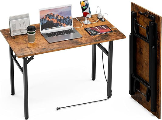 TEMI Small Computer Desk Folding Table - No Assembly, Compact 43.3" Foldable Desk with Power Outlets & USB Charging Port, Portable Small Office Desk, Ideal Mini Study Table for Small Spaces, Brown