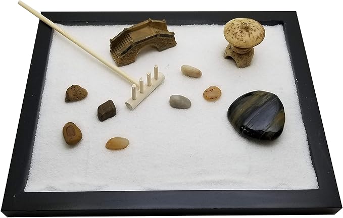 Zen Sand Garden for Desk with Rake, Rocks and Figures (Medium)