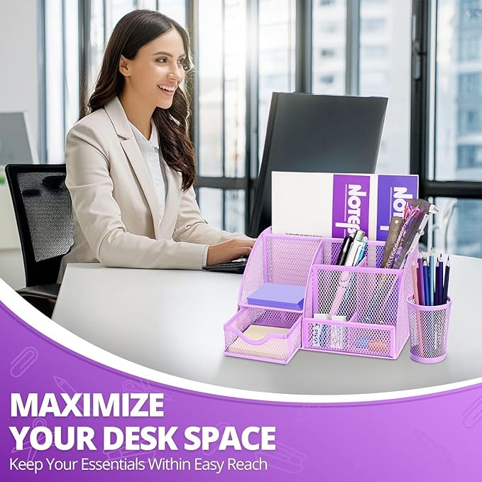 Flexzion Desk Top Caddy Organizer - Purple Office Desk Accessories Organizer and Storage - Metal Mesh Desk with 6 Compartments, Drawer and Pen Holder