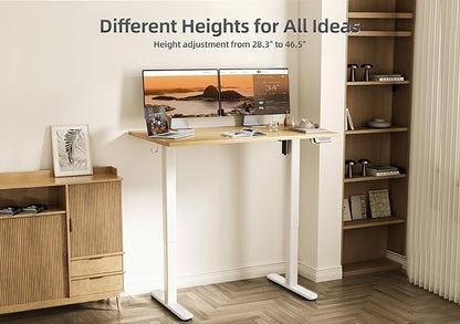 Bamboo Electric Standing Desk, Adjustable Height Stand up Desk, 40x24 Inches Sit Stand Home Office Desk with Splice Board, White Frame/BambooTop