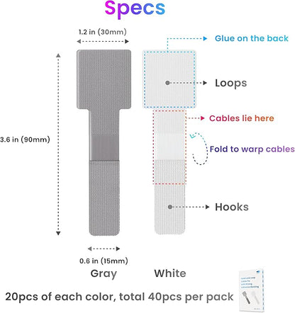 Hook and Loop Cable Ties, Self Adhesive Hook and Loop Cable Straps, Sticky-back Cord Organizer, Cable Clip, Household & Office Essentials, 40Pcs per Pack