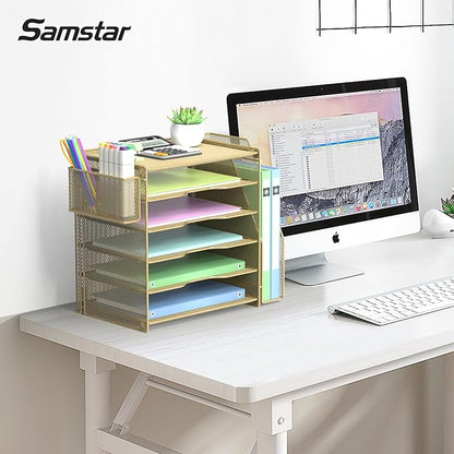 Samstar Gold Desk Organizer, Letter Tray Paper Organizer with 5 Tier Racks Shelves,1 Extra Vertical Magazine File Holder and Pen Holder,Gold