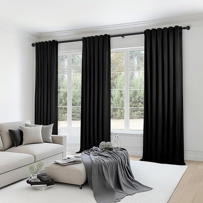 Topfinel Black Curtains 90 Inches Long for Bedroom,Moderate Velvet Fabric Drapes,Rod Pocket Back Tab Room Darkening Elegant Curtains for Living Room,90 Inch Length 2 Panels Set