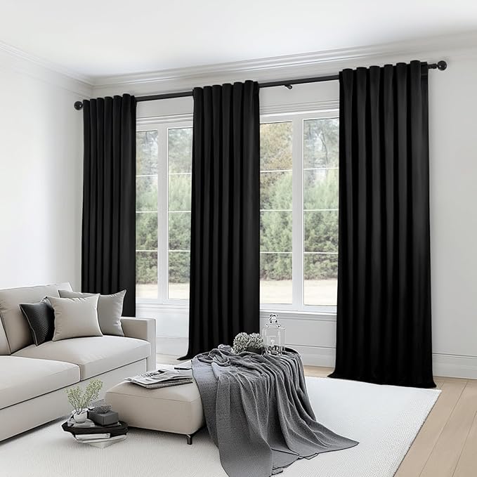 Extra Long 102 Inch Curtains for Large Window,Organic Modern Elegant Decor,Back Tab Drapes Pretty Velvet Tall Curtains for Living Room Dining Office 2 Panel Set,52 Wide 102 Height,Black