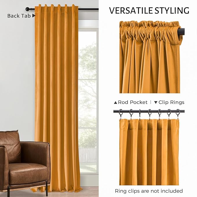 Topfinel Black Out Curtains 72 Inch Long Solid Soft Mustard Yellow Velvet Curtains Thermal Insulated Soundproof Room Darkening Curtains/Drapes/Panels for Fall Living Room Bedroom 52 x 72 Inch